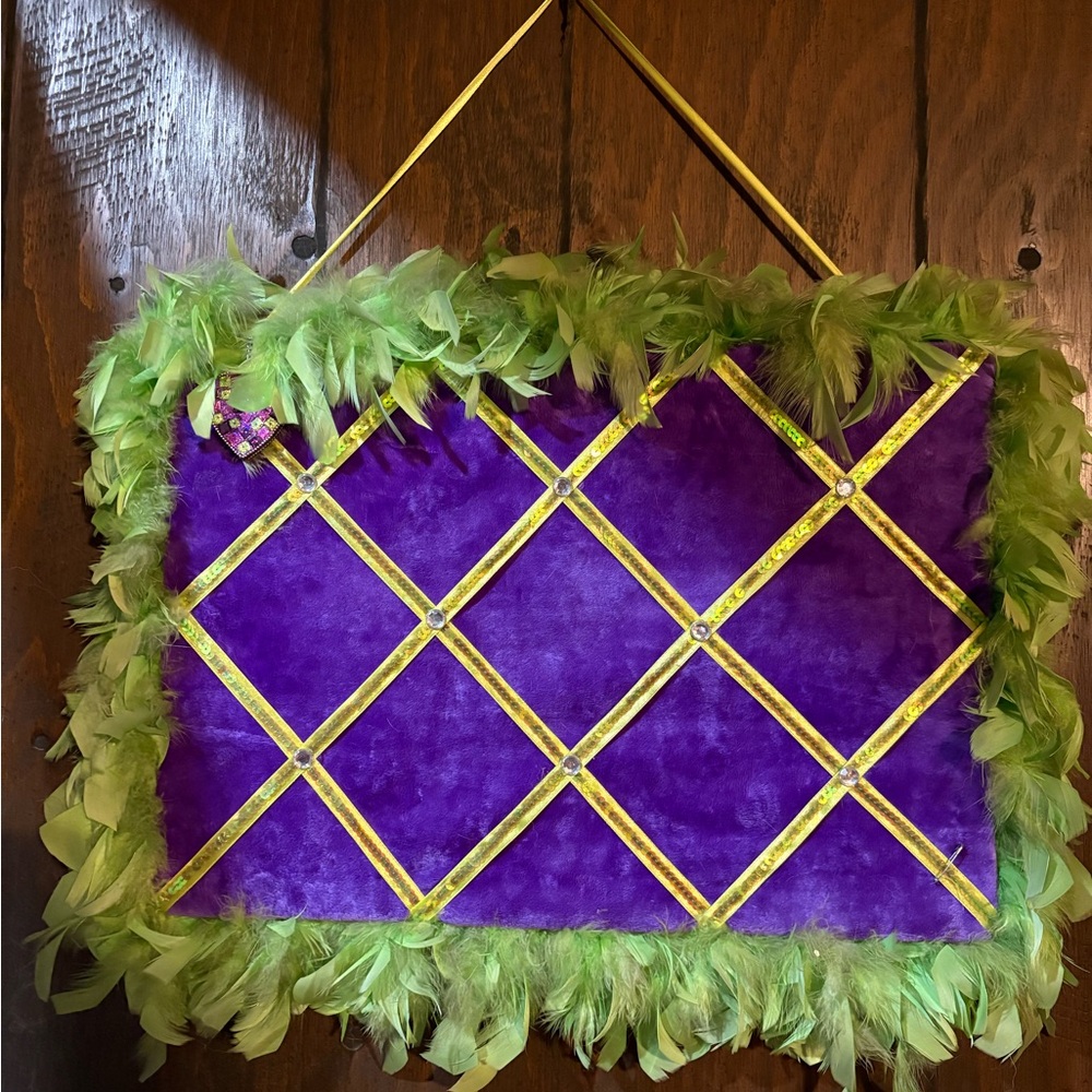 Purple Memo Board with Green Feather Trim